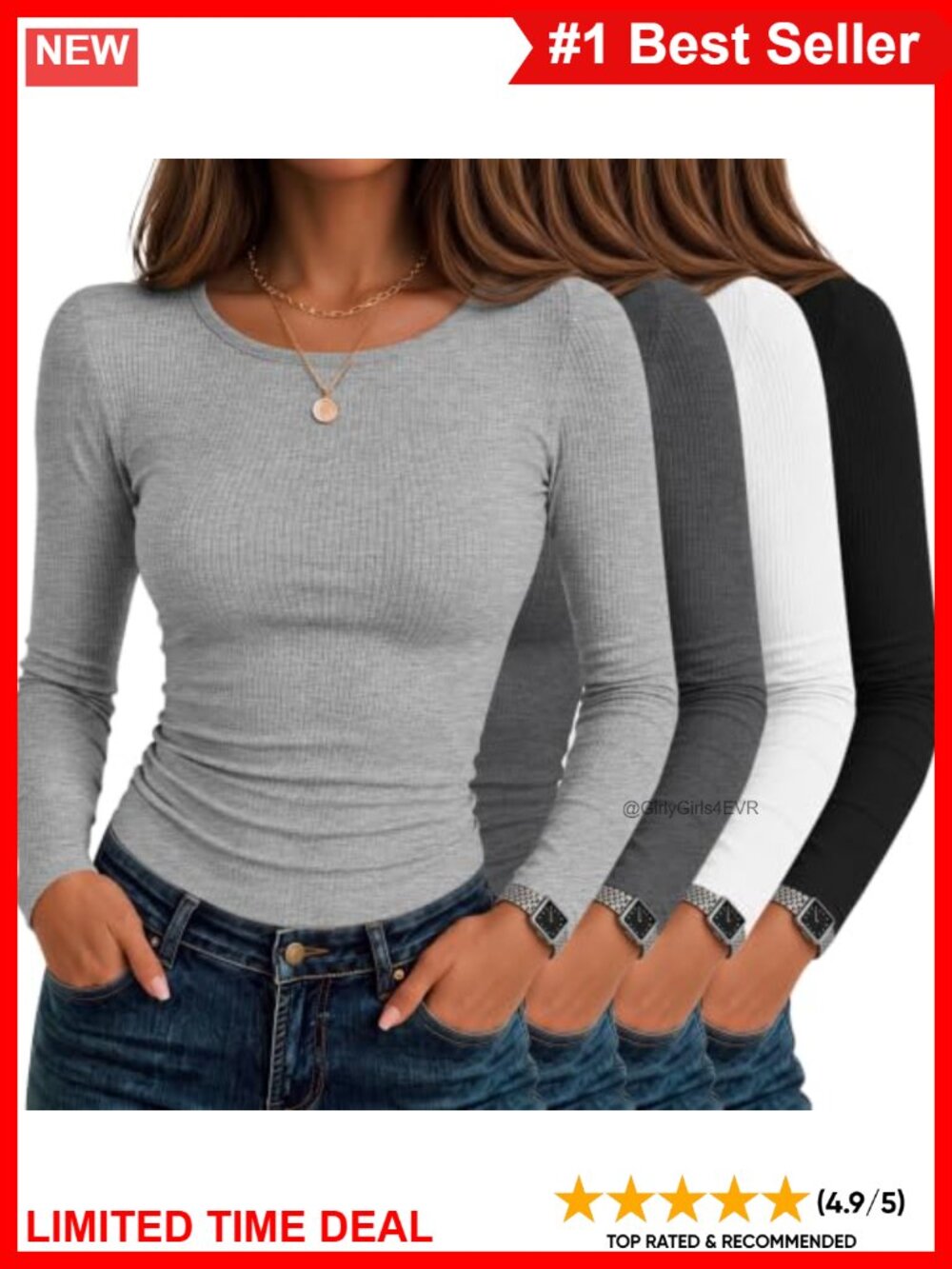 4 Pack Womens Ribbed Long Sleeve Crew Neck Slim Fit Tees